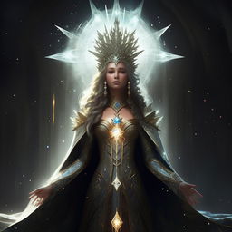 A majestic queen imbued with mystical elements. Her robe glows with celestial patterns, she wears a crown made of remaining stars, and she holds a staff crowned with a glowing crystal.