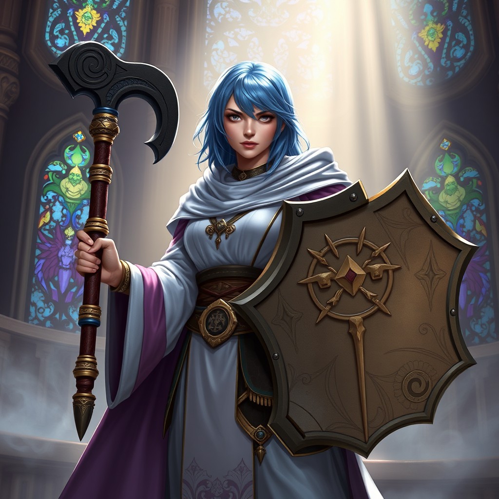An Aasimar cleric named Seluna with medium-length blue hair, dressed in divine clerical robes