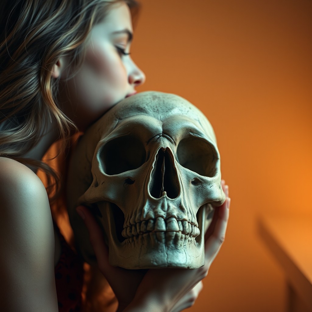 A beautiful girl in profile, gently kissing and caressing a frontal view of a skull positioned prominently in the foreground