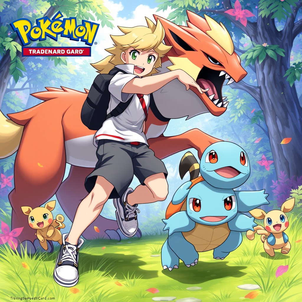 An epic Pokémon Trading Card Game illustration featuring a blonde trainer in gym clothes, energetically raiding an Arcanine