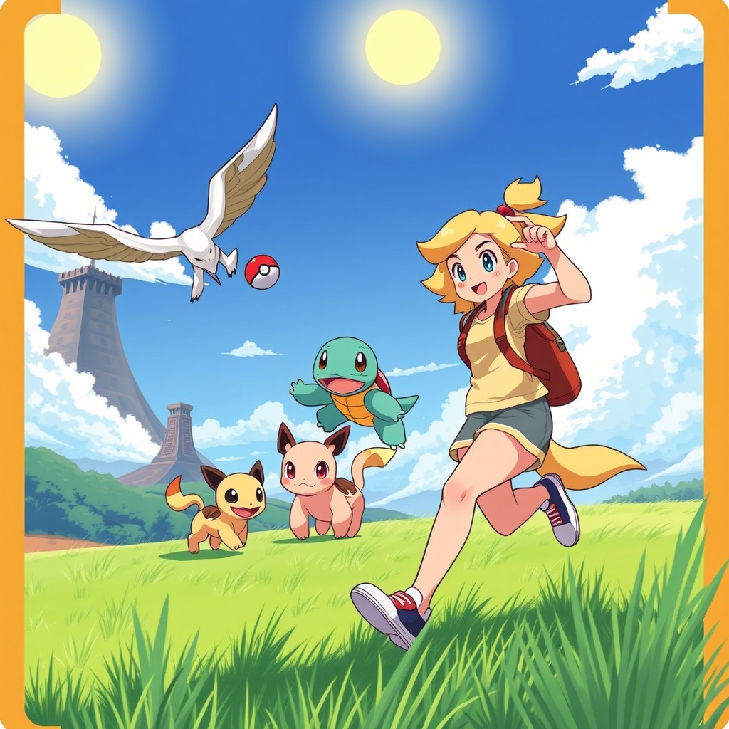 A vibrant Pokémon Trading Card Game illustration featuring a young blonde female trainer in gym clothes energetically raiding an Arcanine on a beautiful field in Johto