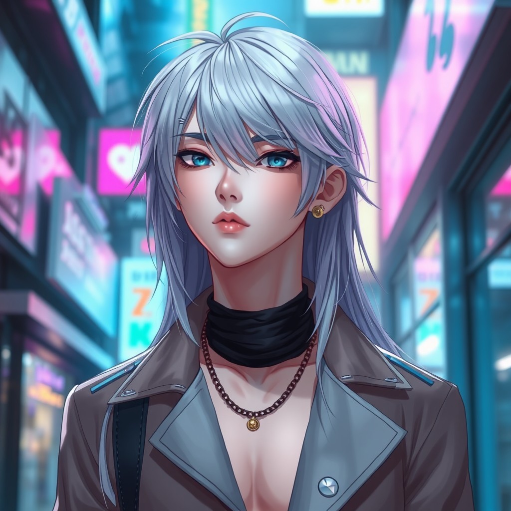 A tall male femboy with long silver hair, dressed in fashionable, androgynous clothing that blends masculine and feminine styles