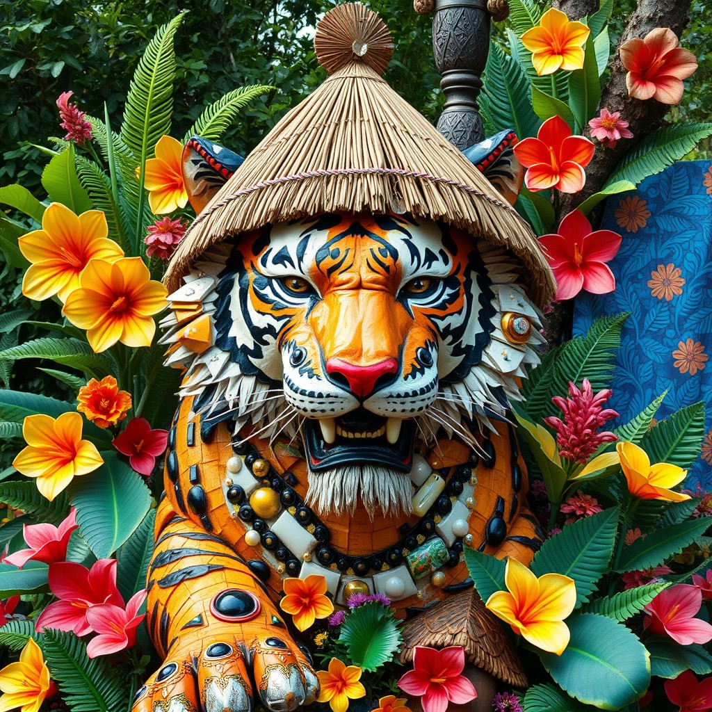 A captivating sculpture of a majestic tiger adorned with a traditional tengkolok on its head