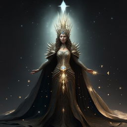 A majestic queen imbued with mystical elements. Her robe glows with celestial patterns, she wears a crown made of remaining stars, and she holds a staff crowned with a glowing crystal.