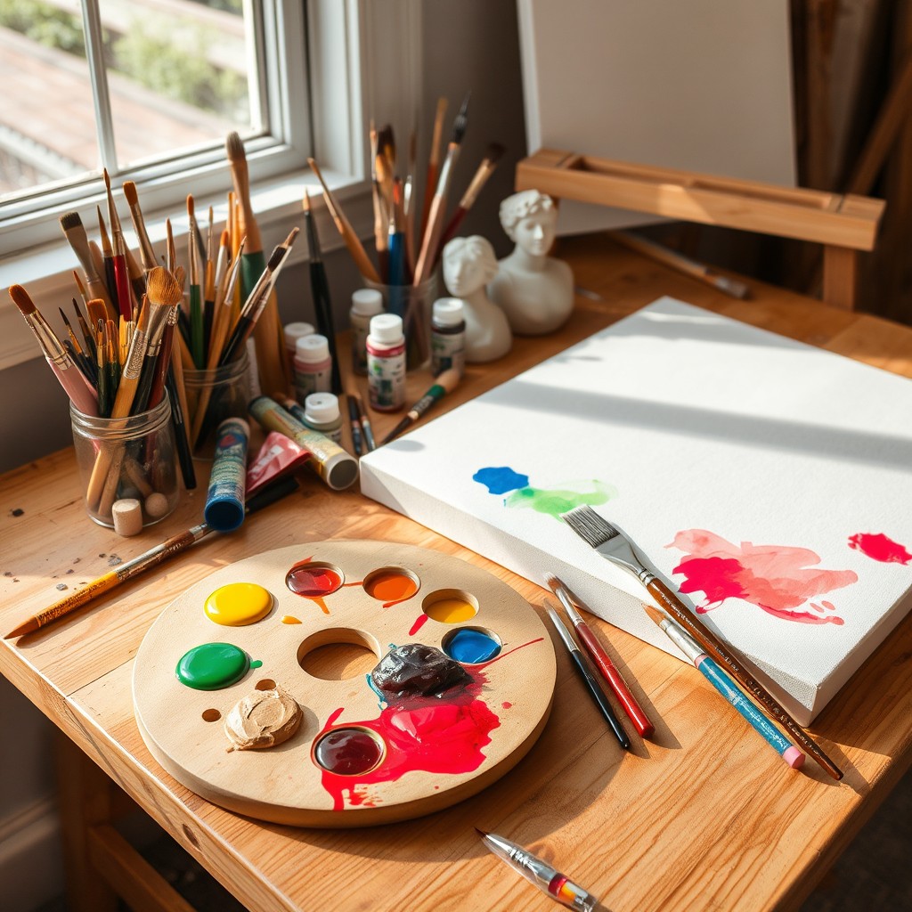 A variety of creative and artistic tools situated on a wooden workbench, including paintbrushes of different sizes, vibrant tubes of paint, a wooden palette covered in colorful blobs of paint, a set of sculpting tools, and a classic canvas ready for painting