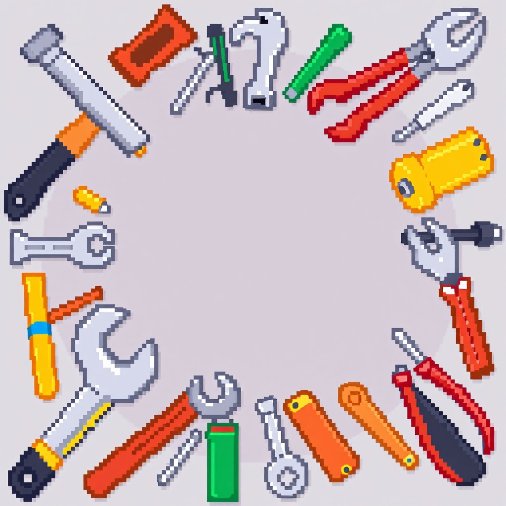 A small 32x32 pixel art image featuring an assortment of various working tools, such as a hammer, wrench, screwdriver, and pliers, arranged around the edges of the square