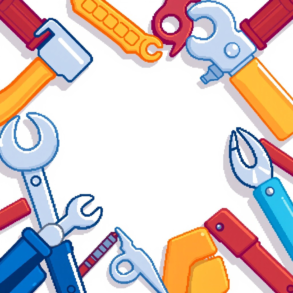 A small 32x32 pixel art image featuring a variety of working tools, such as a hammer, wrench, screwdriver, and pliers, creatively arranged around the borders of the image