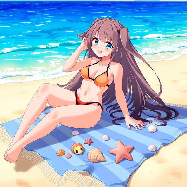 An anime girl on a beach, lounging on a blanket in a playful doggy style pose, showcasing her playful and fun personality