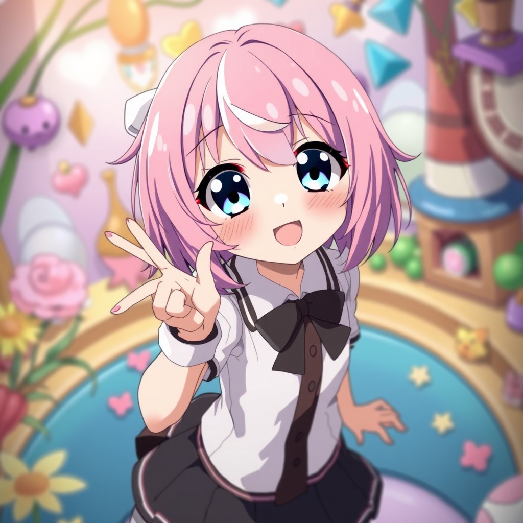 An anime girl in a playful and confident pose, showcasing her charming personality and character design
