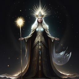 A majestic queen imbued with mystical elements. Her robe glows with celestial patterns, she wears a crown made of remaining stars, and she holds a staff crowned with a glowing crystal.