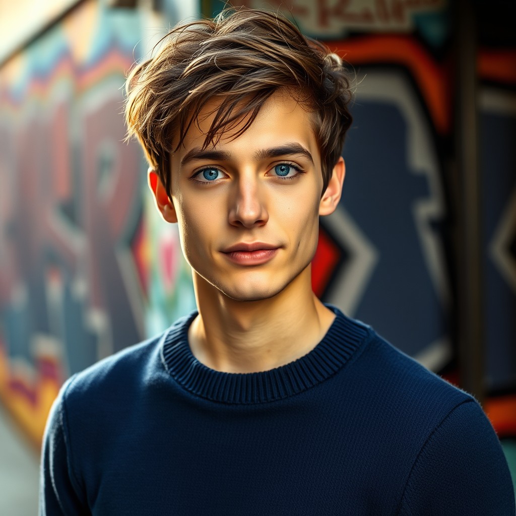 A portrait of a young man named Nathaniel, with tousled dark hair and piercing blue eyes, wearing a stylish deep blue sweater