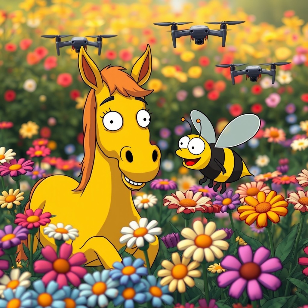 A vibrant and whimsical scene featuring a cartoon horse and a bee in a blooming garden, both interacting playfully