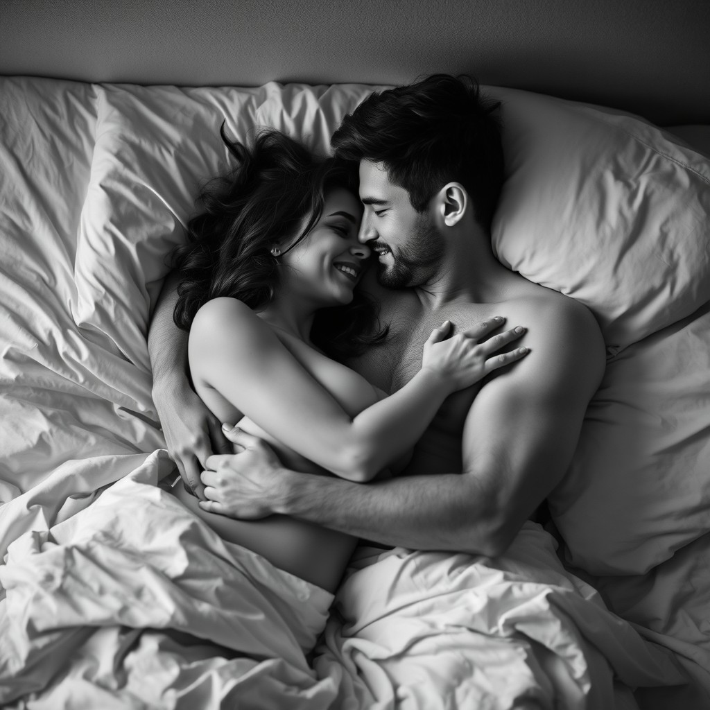 A couple cuddling in bed, depicted in a warm and intimate atmosphere, black and white photography that emphasizes the soft shadows and highlights of their bodies