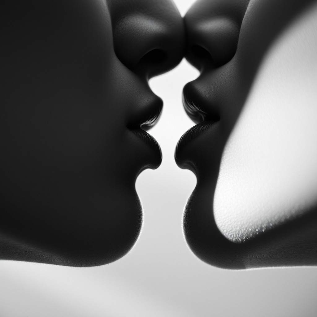 Two lips locked in a passionate kiss, beautifully captured in black and white photography