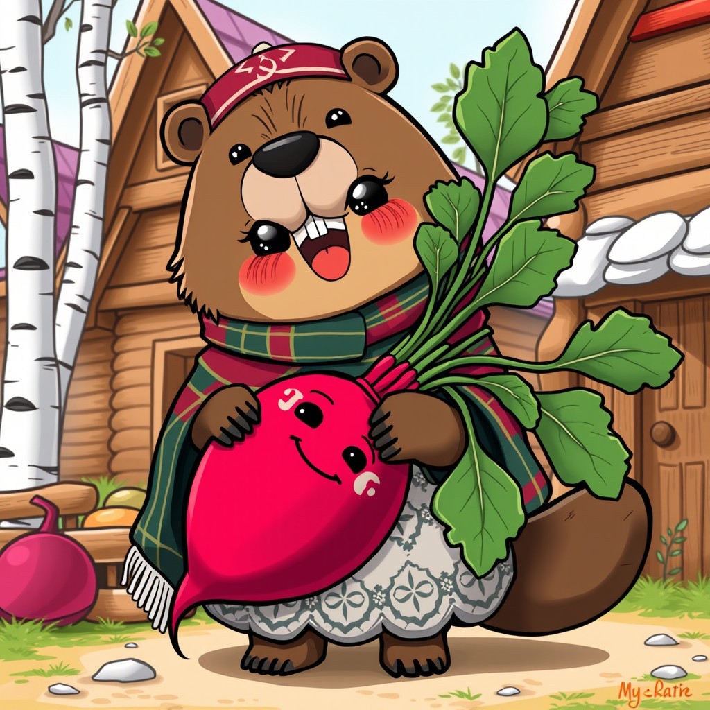 A cute Soviet-themed beaver babushka character, dressed in traditional Russian attire, including a colorful shawl and a patterned dress