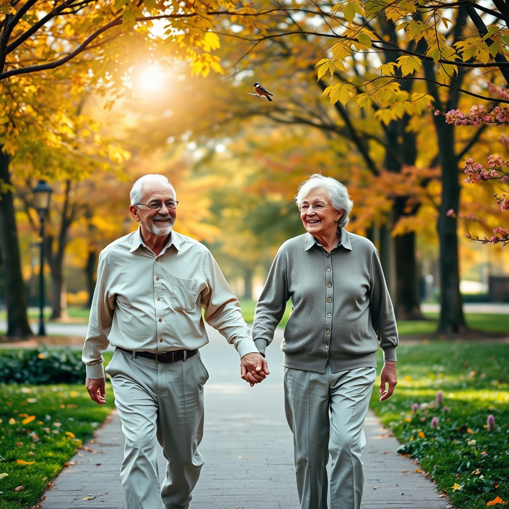 A heartwarming scene of two elderly people walking hand in hand through a picturesque park