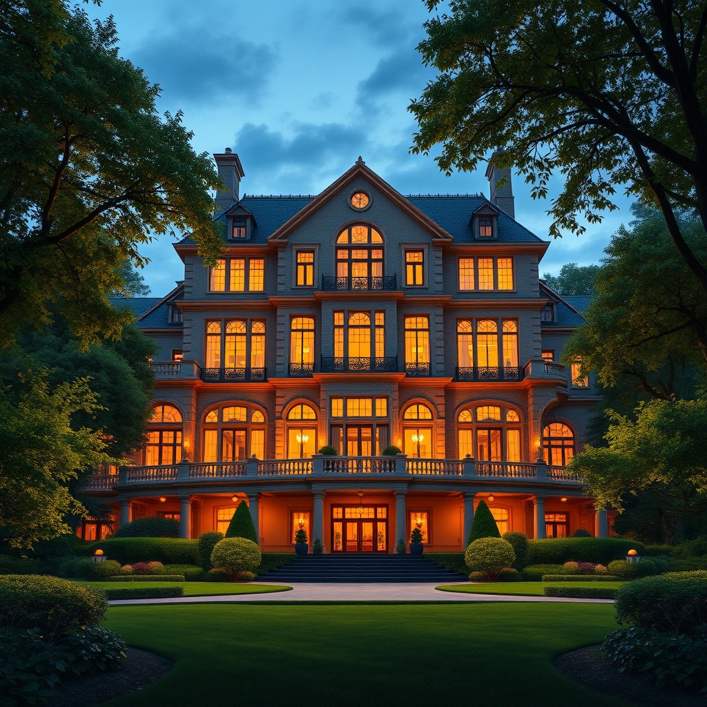 A grand, realistic mansion designed for a camp, featuring four stories and large windows that reflect the evening sky