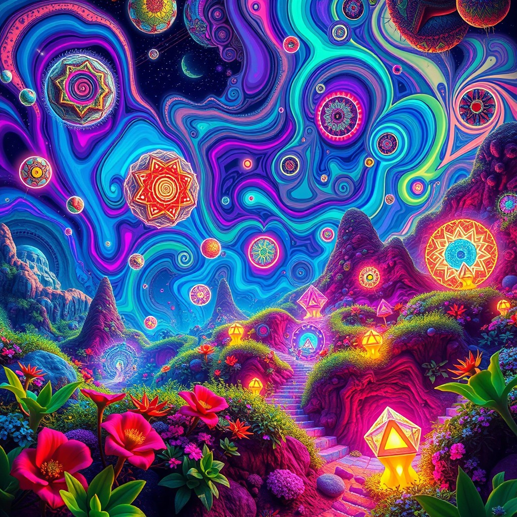 A vibrant and colorful psychedelic landscape featuring swirling patterns and intricate fractal designs inspired by Goa trance music