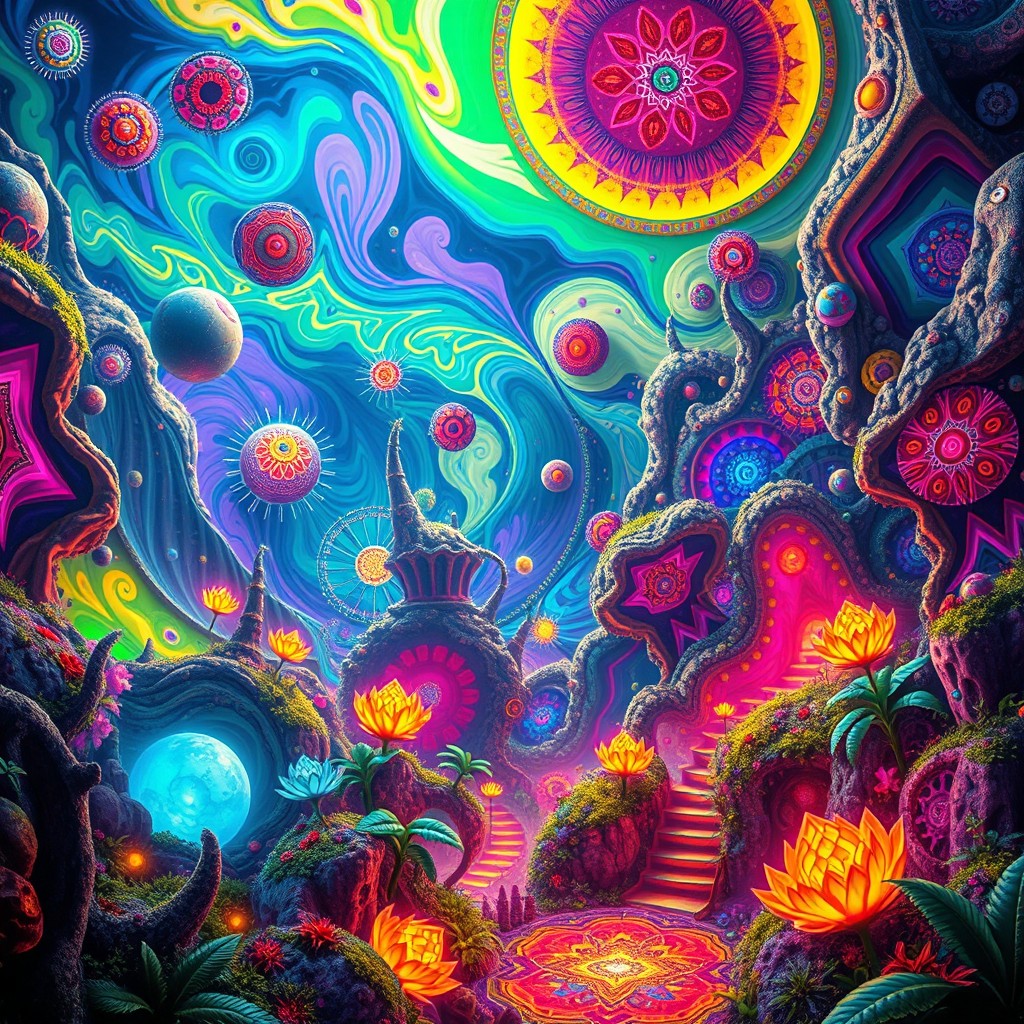 A vibrant and colorful psychedelic landscape featuring swirling patterns and intricate fractal designs inspired by Goa trance music