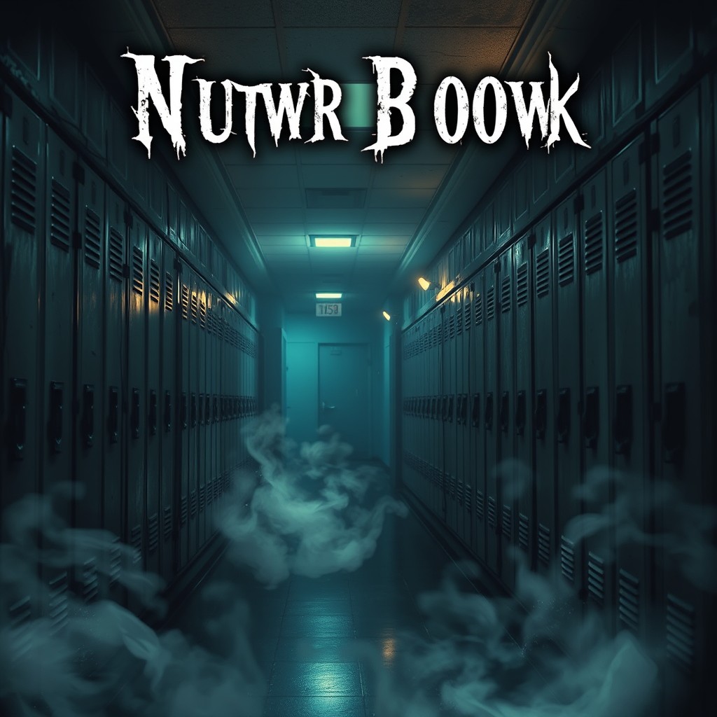 A captivating book cover depicting a dark, eerie school corridor, dimly lit with flickering lights