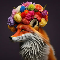 A beautiful fox with colorful flowers delicately placed on its head