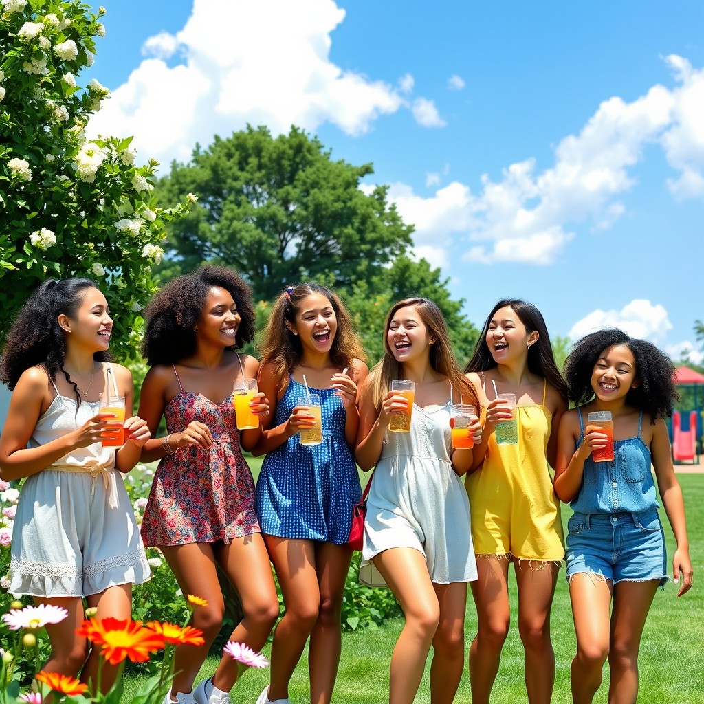 A group of diverse girls laughing and enjoying a sunny day in a park, surrounded by blooming flowers and greenery