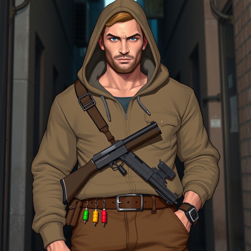 A rugged character, around 30 years old, with striking blue eyes and smooth peach skin