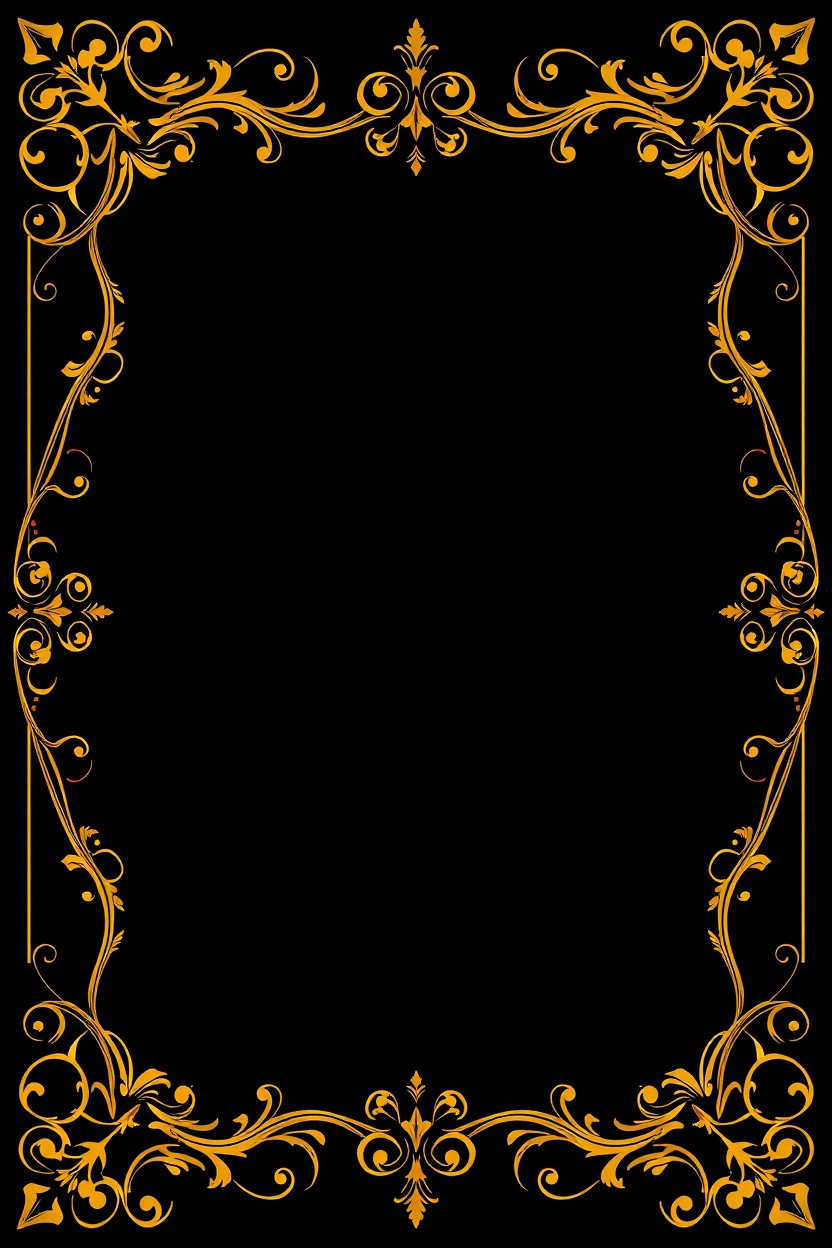 A black background with intricate golden patterns around the edges, creating an elegant and luxurious frame