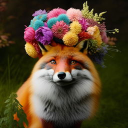 A beautiful fox with colorful flowers delicately placed on its head