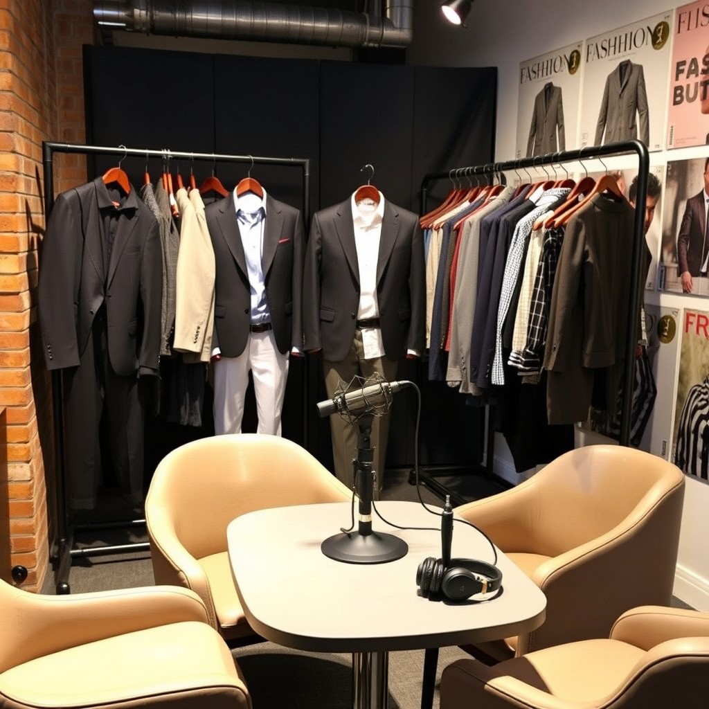 A stylish men's clothing photo booth and podcast setup, designed for showcasing fashionable outfits