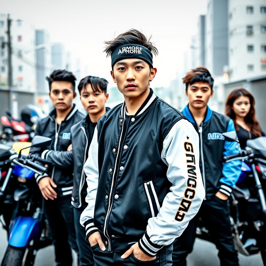 A dynamic scene featuring a motorcycle gang titled 'ARMORE GANG' in a striking black and blue theme