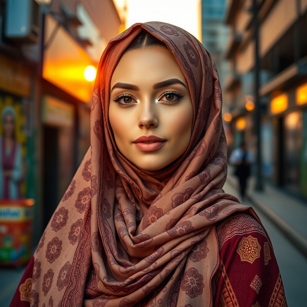 A stunning woman wearing a beautifully patterned hijab that features intricate designs, standing confidently against a vibrant urban backdrop