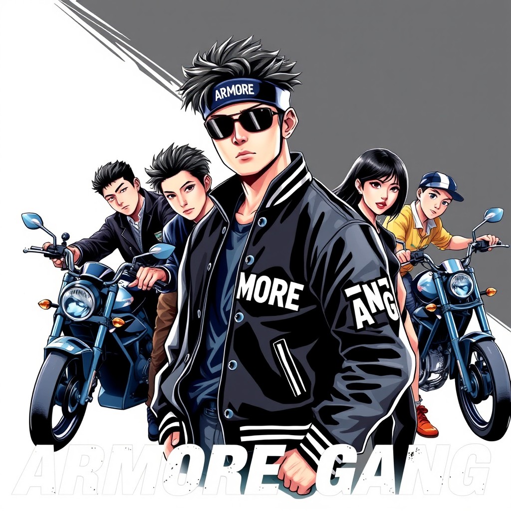 A dynamic and striking illustration titled 'ARMORE GANG,' featuring a motorcycle gang with a black and blue theme