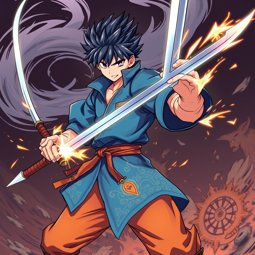 A cool anime warrior with a confident stance, wearing a stylish blue tunic accentuated by intricate patterns