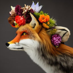 A beautiful fox with colorful flowers delicately placed on its head