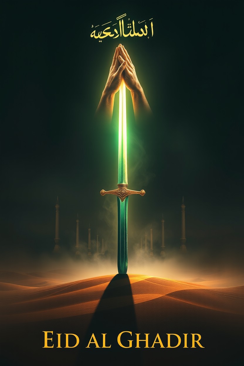 An epic, symbolic poster of Eid al-Ghadir featuring a glowing double-edged sword (Zulfiqar) embedded in the ground of a misty desert