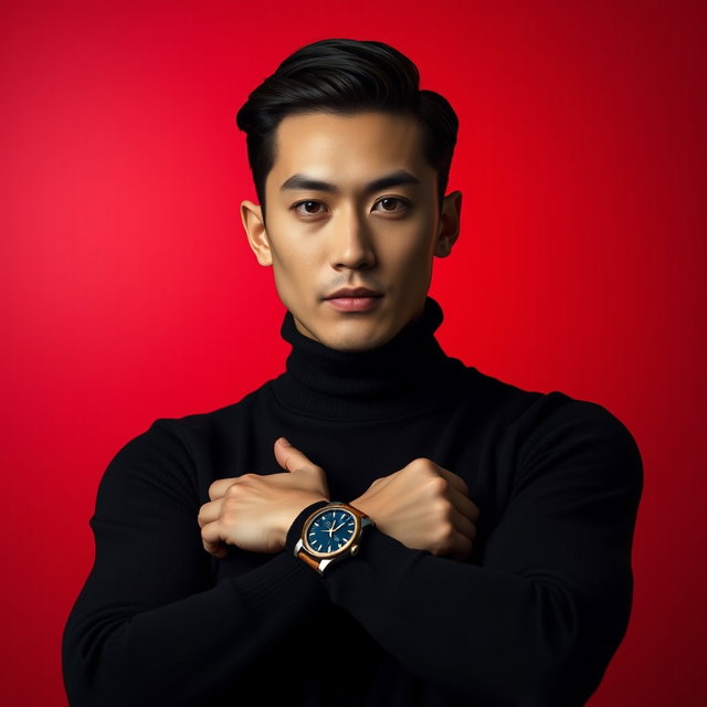 A highly stylized portrait of a confident individual with sharp features, flawless fair skin, and sleek black hair, wearing a black turtleneck sweater