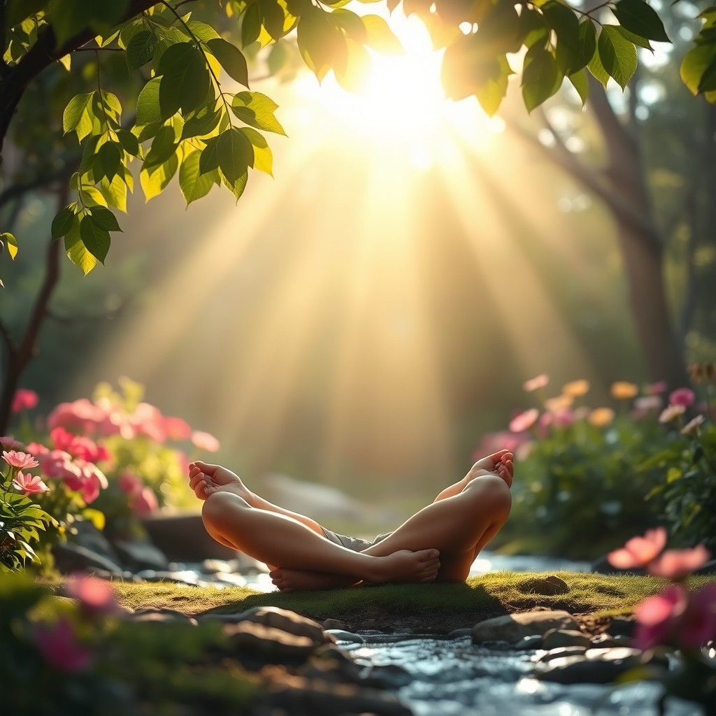 A serene and inviting self-reflection scene depicting a person sitting cross-legged in a tranquil garden surrounded by nature, deep in thought