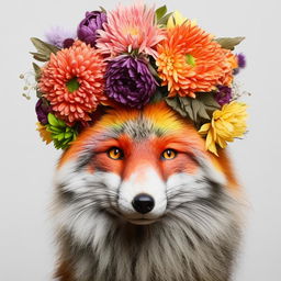 A beautiful fox with colorful flowers delicately placed on its head