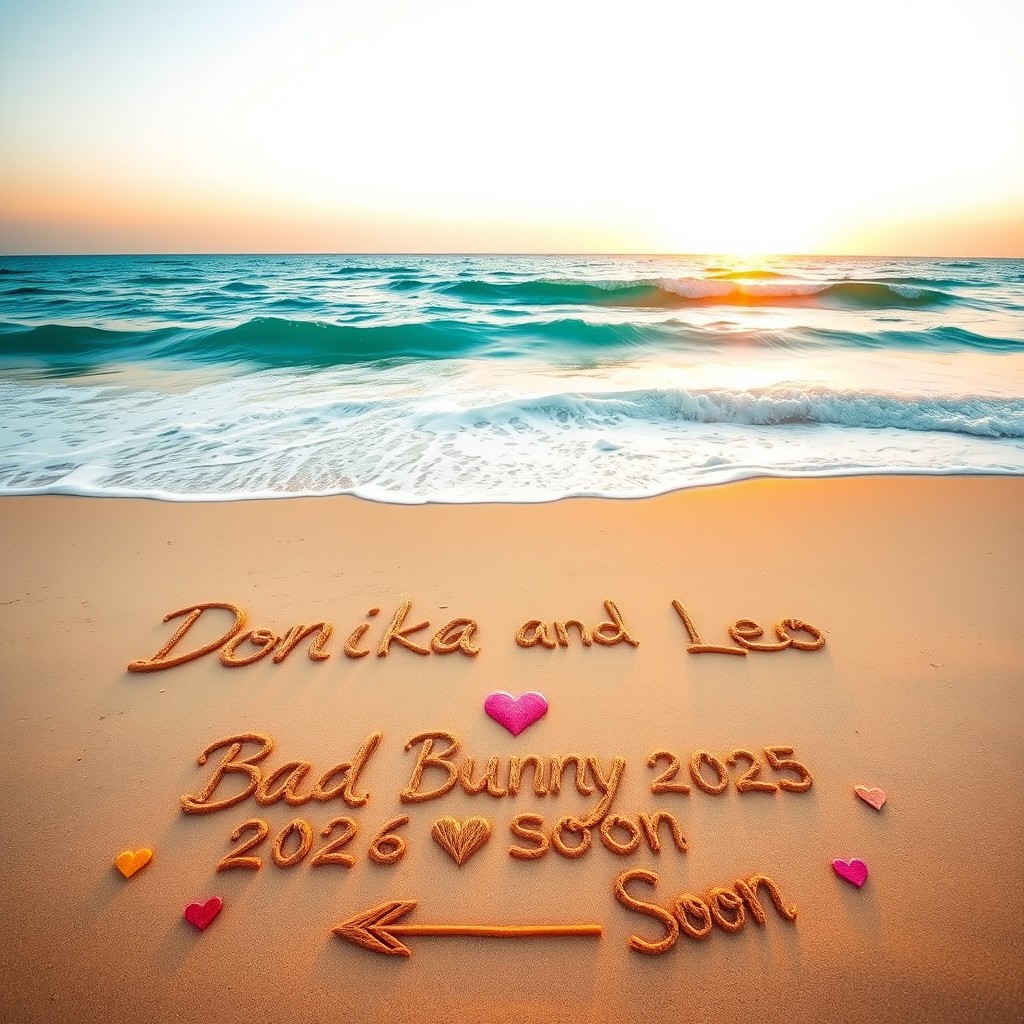 A picturesque beach scene featuring the words 'Donika and Leo' elegantly written in the soft golden sand