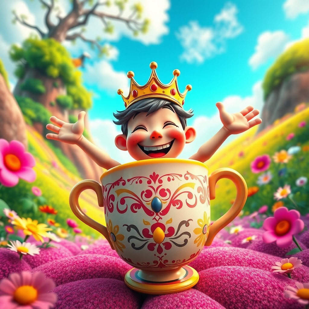 A whimsical first-person perspective of a playful character wearing a crown on their head, amusingly sat upon a large cup (šalka) with arms and legs extending from it