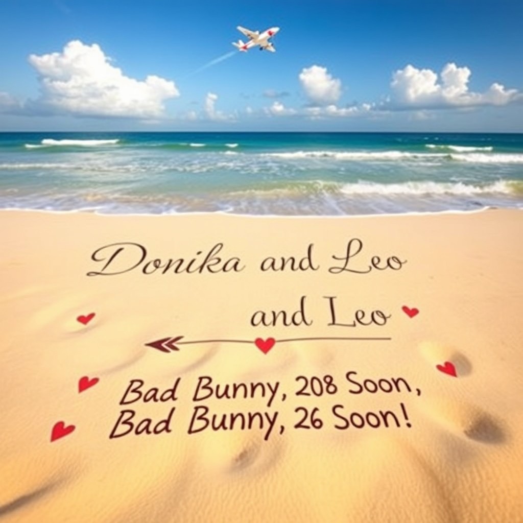 A beautiful beach scene featuring soft, golden sand with the words "Donika and Leo" written in an elegant script