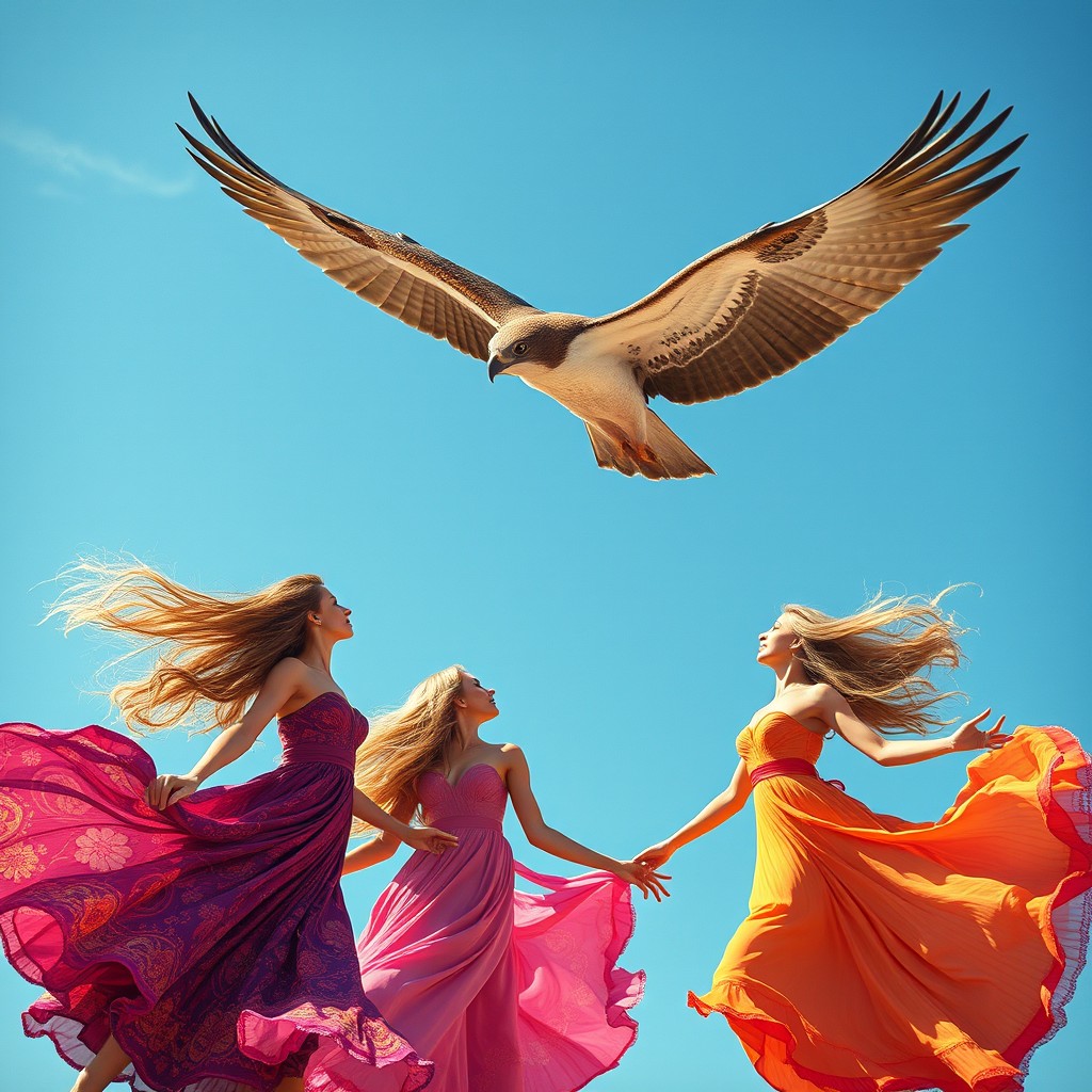 A majestic falcon soaring high in a clear blue sky, surrounded by beautiful young women embodying grace and elegance