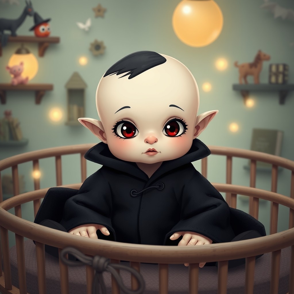 A whimsical interpretation of a baby version of Lord Voldemort, featuring a small, chubby baby face with pointed ears and pale skin