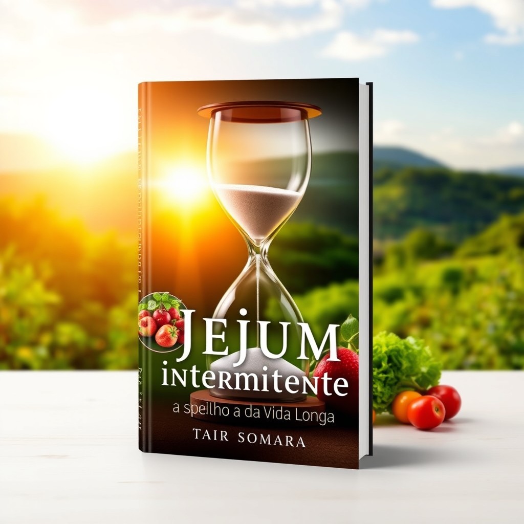 A captivating book cover design for "Jejum Intermitente: Espelho da Vida Longa" featuring an elegant hourglass symbolizing time and the concept of intermittent fasting