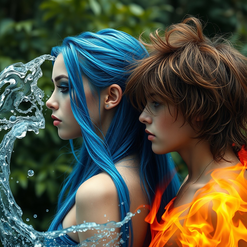 A captivating side profile of a girl with long, flowing blue hair and striking blue makeup, exuding a water aesthetic as she manifests shimmering water swirling around her