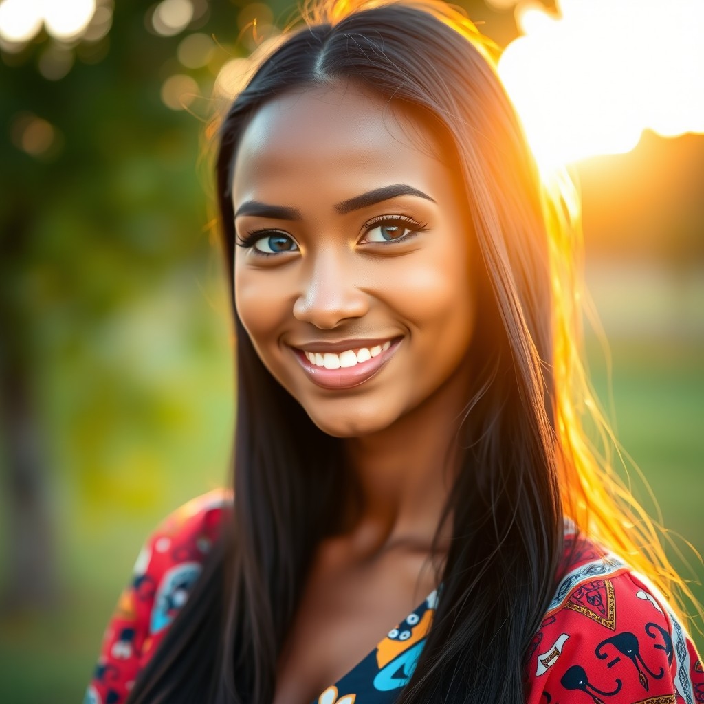 A beautiful young woman with striking blue eyes and dark skin, showcasing a blend of Black and Asian features