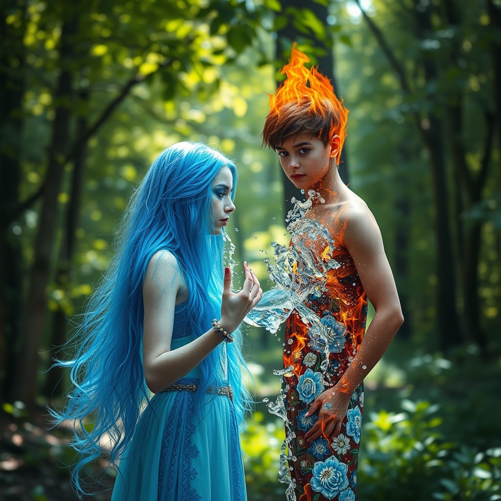 A captivating scene featuring a girl with long, flowing blue hair and striking blue makeup in a mystical water aesthetic
