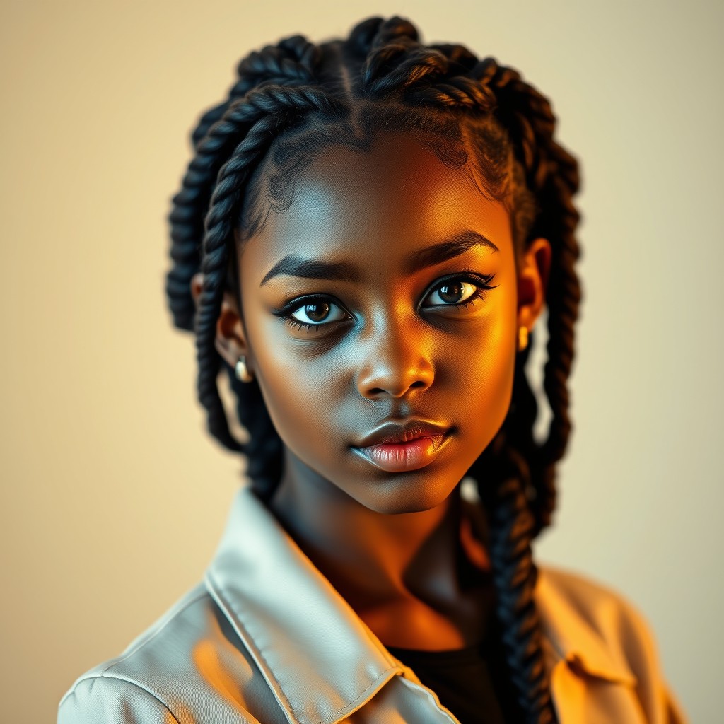 A beautiful black girl with striking blue eyes and distinct oriental features, posing confidently against a soft blurred background