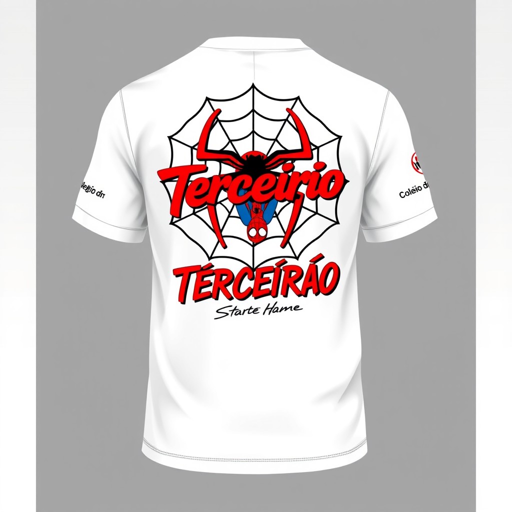 A white t-shirt design featuring elements inspired by Spider-Man for a high school graduation theme